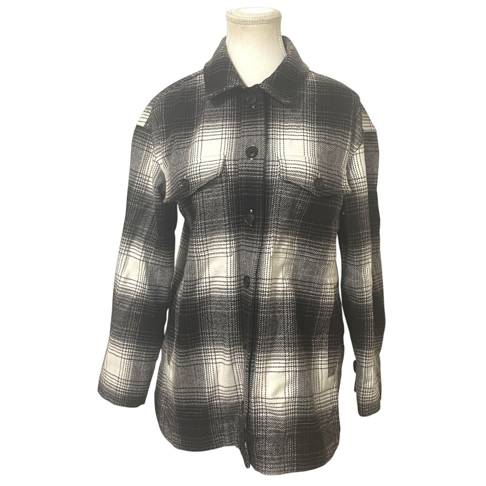 Madewell‎ Plaid Button Front Shacket Size M Black White Grunge Cabin Casual
